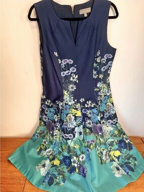 Laura | Navy to Teal Floral Fit-and-Flare Dress Size 12